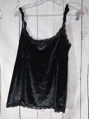 Reitmans Crushed Black Velvet Grunge 90's Y2K Gothic Lace-Trim Cami